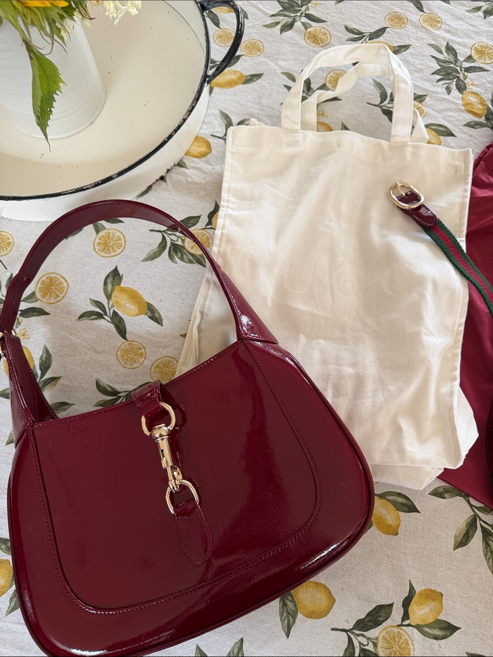 Gucci Cream Canvas Tote with Burgundy Dust Bag Signature Strap and shoulder bag